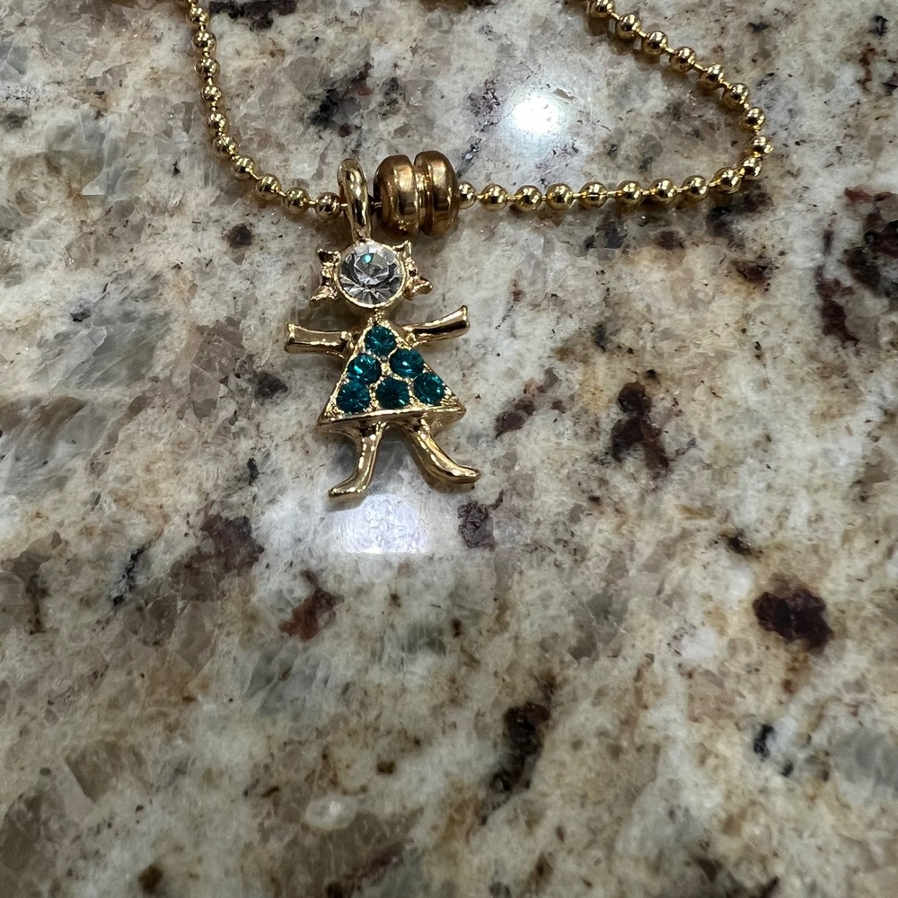 USA K.I.S. Gold Tone Birthstone Brat Girl Pendant Teal Green Rhinestone